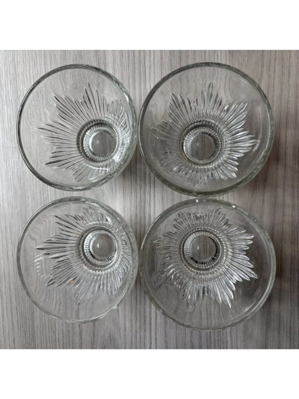 Indiana Glass Set 4 Vintage Art Deco Sunburst Rocks Clear Glasses Barware Retro